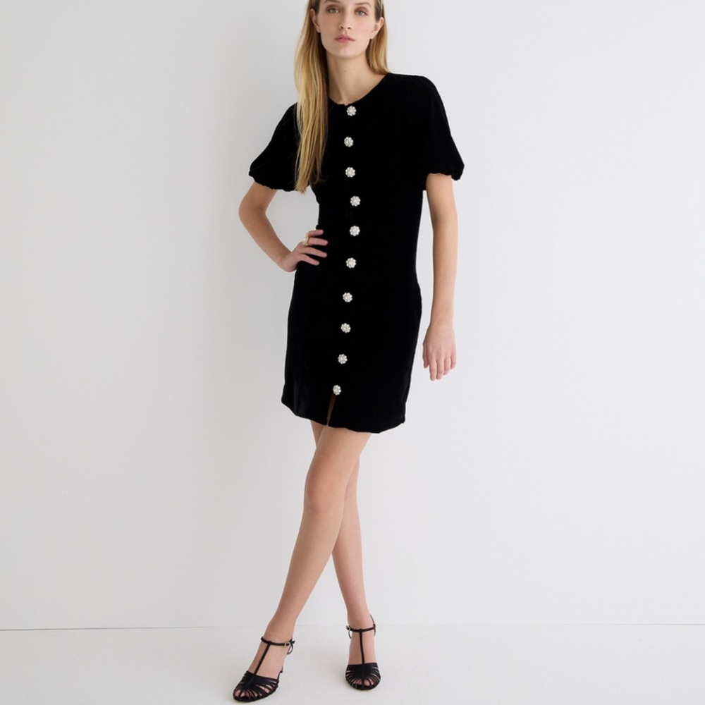 J. Crew Black velvet embellished Mini Dress Puff Sleeve 6 nwt